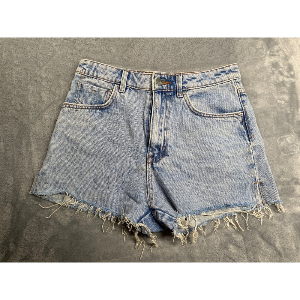 Zara Cut Off Shorts Women 6 Blue Denim Cotton High Rise Side Slit Raw Hem Casual